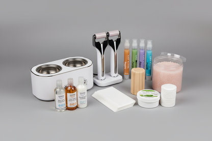 1x Dual Wax Warmer, 1x Dual Roller Wax Warmer, 1x 1kg Hot Wax, 4x 100ml Warm Wax Cartridge, 100x Regular Wooden Spatulas, 100x Paper Wax Strips, 1x Pre-Wax Lotion, 1x Post-Wax Oil, 1x Soothing Gel, 1x Talcum Powder, 1x Equipment Cleaner, 100x Cotton Pads in grey studio background