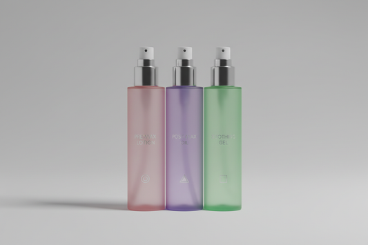 1x Pre-Wax Lotion pink, 1x Post-Wax Oil purple, 1x Soothing Gel green with simple logos grey studio background tall bottles 