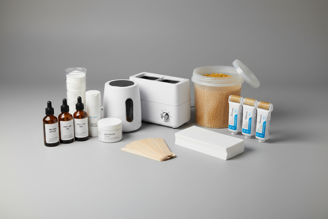 1x Single Wax Warmer, 1x Dual Roller Wax Warmer, 1x 1kg Hot Wax, 4x 100ml Warm Wax Cartridge, 100x Regular Wooden Spatulas, 100x Paper Wax Strips, 1x Pre-Wax Lotion, 1x Post-Wax Oil, 1x Soothing Gel & 1x Talcum Powder, 1x Equipment Cleaner, 100x Cotton Pads with grey studio background