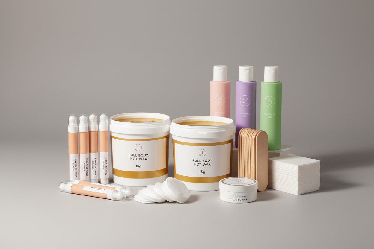 2x 1kg Full Body Hot Wax, 6x 100ml Classic Warm Wax Cartridge, 200x Regular Wooden Spatulas, 200x Paper Wax Strips;200x Cotton Pads, 1x Pre-Wax Lotion pink, 1x Post-Wax Oil purple, 1x Soothing Gel green, 1x Talcum Powder with simple logos grey studio background tall bottles