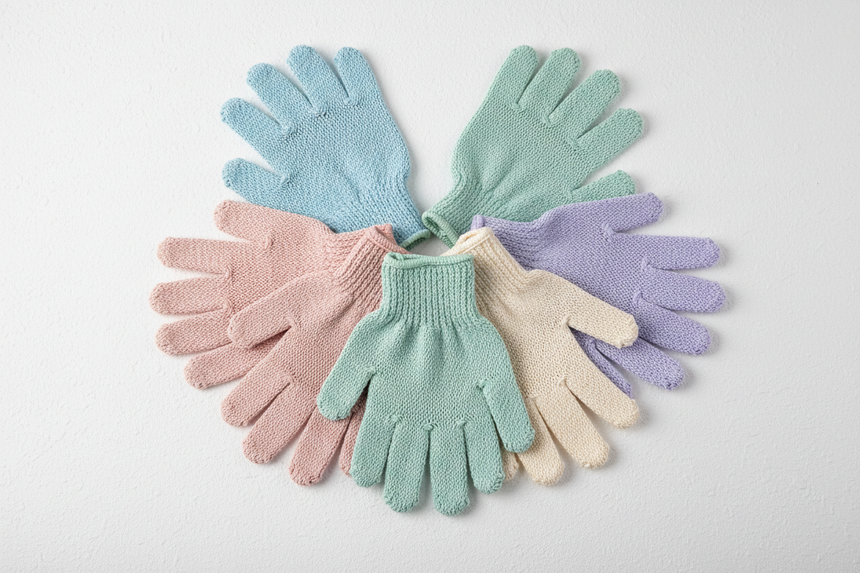 5 pairs of exfoliating gloves spread as display