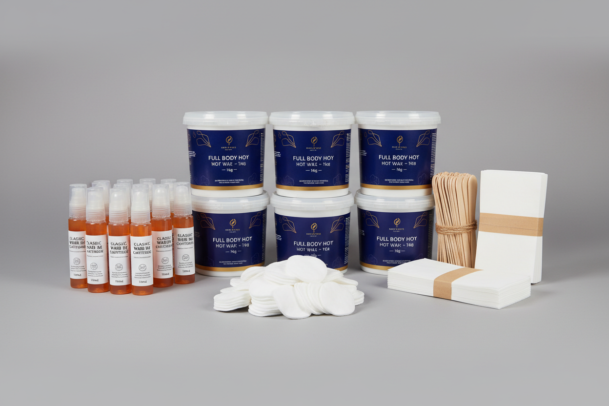 5x 1kg Full Body Hot Wax, 12x 100ml Classic Warm Wax Cartridge, 500x Regular Wooden Spatulas, 400x Paper Wax Strips, 500x Cotton Pads with grey studio background
