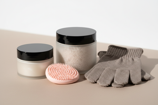 mini exfoliation pad is silicone and product lids are blsck 